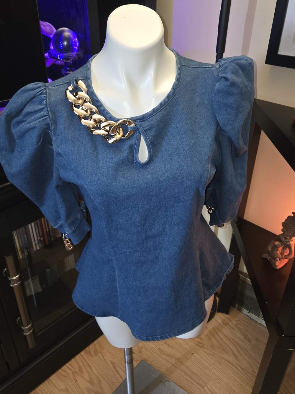 Blue Denim Puff-Sleeve Top with Gold Chain Detail